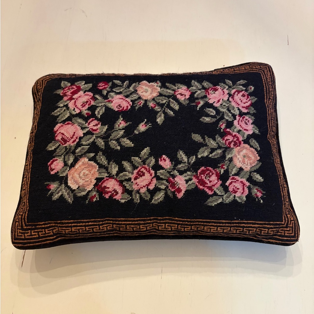 Floral Needlepoint Cushion Pillow Cottage Core Grandma Floral Velvet